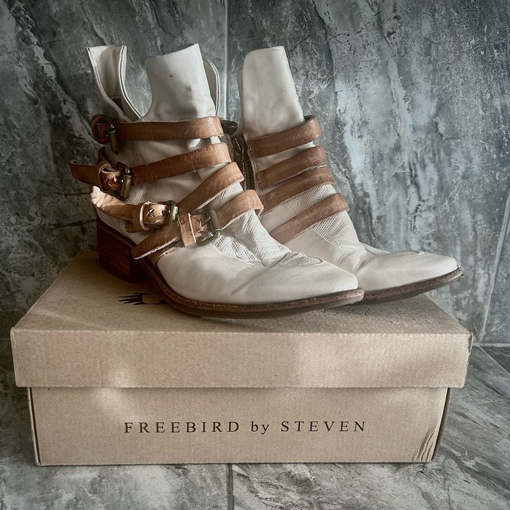 AS-98 White & Brown Buckle Ankle Boots